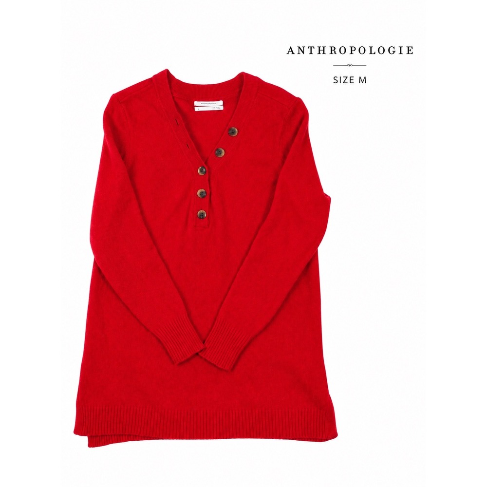 Anthropologie Red Button Front Tunic Sweater Womens M Long Sleeve Knit Top